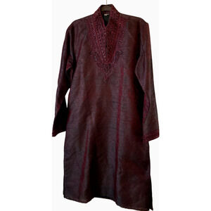 Kurta Sherwani Womens 38 Medium Burgundy Red Embroidered Cotton Made in India